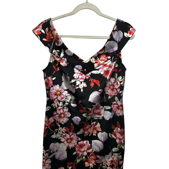 New York & Company Womens Sz M V-Neck Sheath Metallic Foil Floral Dress Black - Picture 2 of 8